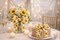 Designer’s Shop Sunflower Wired Ribbon 2.5 Inch x 10 Yards – White Linen Look Ribbon with Yellow Sunflowers and Green Leaves, WR 63-5228